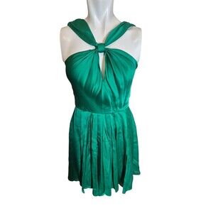 Halston Heritage Silk Dress Pleated Fit and Flare Halter Dress Emerald Green 4